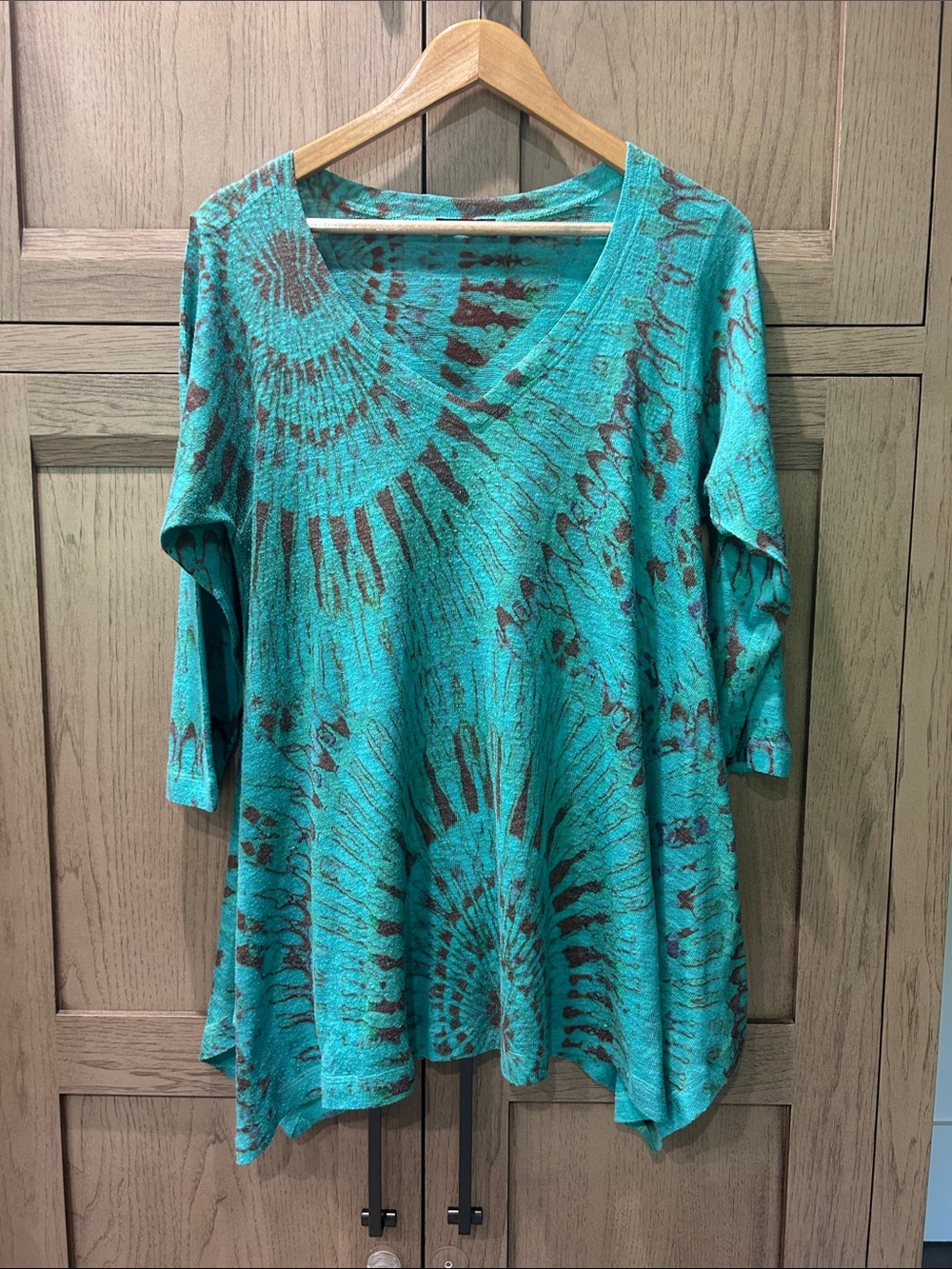 Nally & Millie Teal and Brown V‑Neck Tie-Dye Tunic